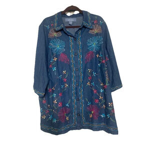 Vintage Liz & Me Floral Embroidered Denim Chambray Button Front Tunic Top 2X